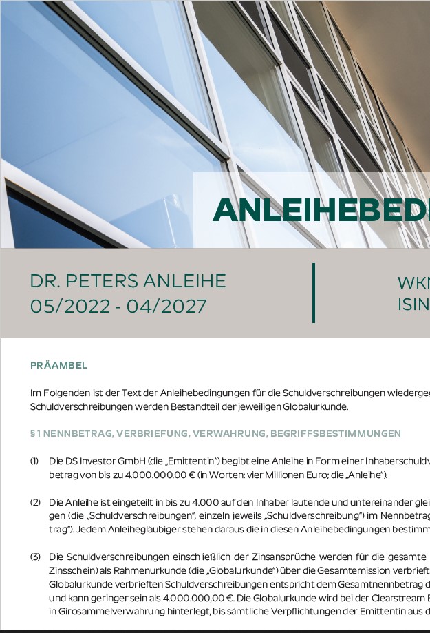 Dr. Peters Anleihe 05/2022-04/2027 Anleihebedingungen  PDF-Download (506 KB)