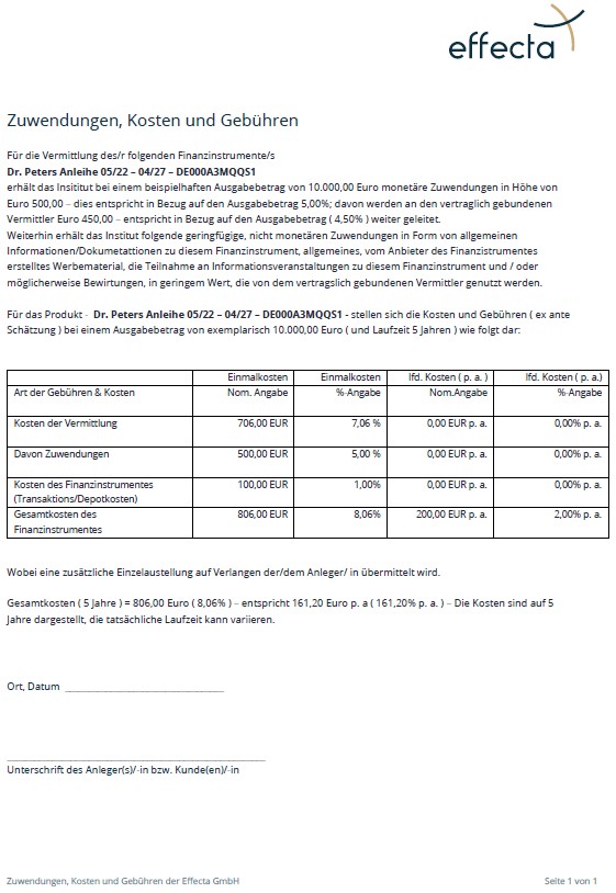 Dr. Peters Anleihe 05/2022-04/2027 Kostenausweis  PDF-Download (87 KB)