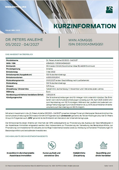 Dr. Peters Anleihe 05/2022-04/2027 Kurzinformation  PDF-Download (547 KB)