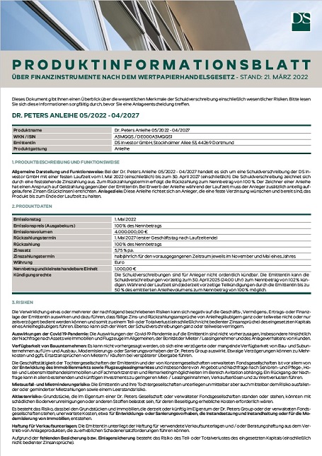 Dr. Peters Anleihe 05/2022-04/2027 Produktinformationsblatt  PDF-Download (247 KB)