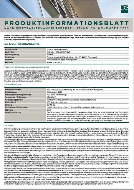 5,5% Dr. Peters Anleihe I Produktinformationsblatt (227 KB)